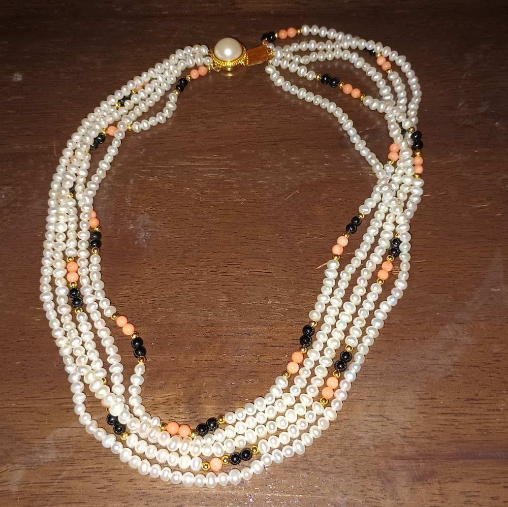 Elegant Multi-Strand Fresh Water Pearl, Coral &  Black Onxy Bead Necklace